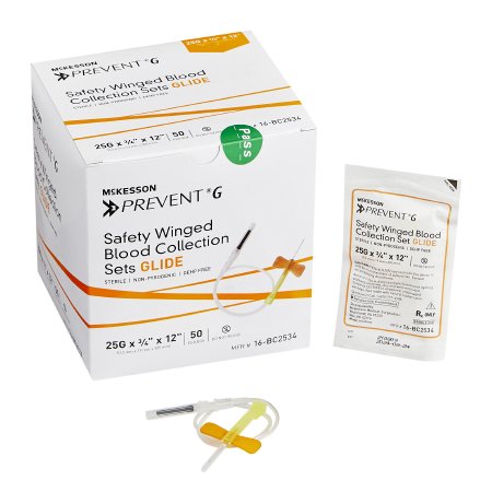 McKesson Prevent G - Blood Collection Set 25 Gauge 3/4 Inch Needle Length Safety Needle 12 Inch Tubing Sterile - 16-BC2534