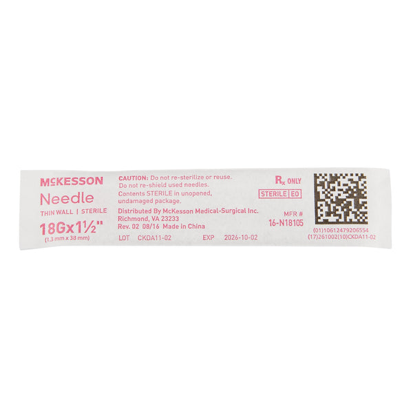 Mckesson  Hypodermic Needle 1-1/2 Inch Length 18 Gauge Thin Wall Without Safety - 16-N18105