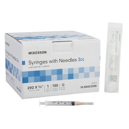 McKesson - Syringe with Hypodermic Needle 3 mL 25 Gauge 5/8 Inch Thin Wall NonSafety - 16-SN3C2558