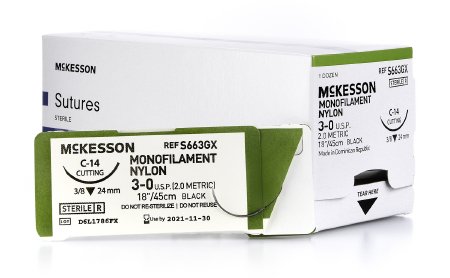 McKesson - Suture with Needle Nonabsorbable Uncoated Black Suture Monofilament Nylon Size 3 - 0 18 Inch Suture 1-Needle 24 mm Length 3/8 Circle Reverse Cutting Needle - S663GX