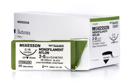 McKesson - Suture with Needle Nonabsorbable Uncoated Black Suture Monofilament Nylon Size 2 - 0 18 Inch Suture 1-Needle 26 mm Length 3/8 Circle Reverse Cutting Needle - S664GX