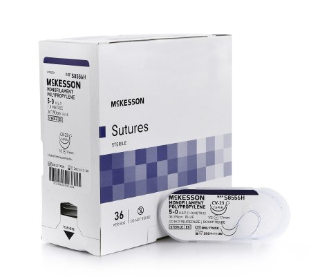 McKesson - Suture with Needle Nonabsorbable Uncoated Blue Suture Monofilament Polypropylene Suture Size 5 - 0 36 Inch Suture 1-Needle 17 mm Length 1/2 Circle Taper Cut Needle - S8556H