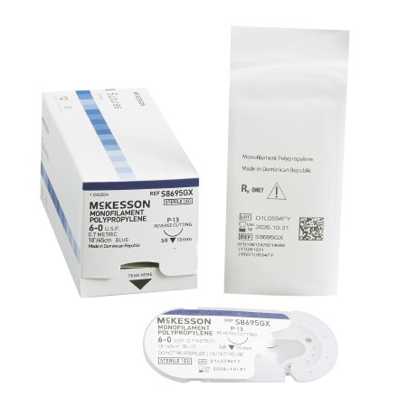 McKesson - Suture with Needle Nonabsorbable Uncoated Blue Suture Monofilament Polypropylene Suture Size 6 - 0 18 Inch Suture 1-Needle 13 mm Length 3/8 Circle Reverse Cutting Needle - S8695GX