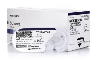 McKesson - Suture with Needle Nonabsorbable Uncoated Blue Suture Monofilament Polypropylene Suture Size 4 - 0 18 Inch Suture 1-Needle 13 mm Length 3/8 Circle Reverse Cutting Needle - S8699GX