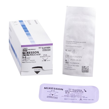 McKesson - Suture with Needle Absorbable Uncoated Undyed Suture Braided Polyglycolic Acid Suture Size 5 - 0 18 Inch Suture 1-Needle 13 mm Length 3/8 Circle Reverse Cutting Needle - SJ493GX