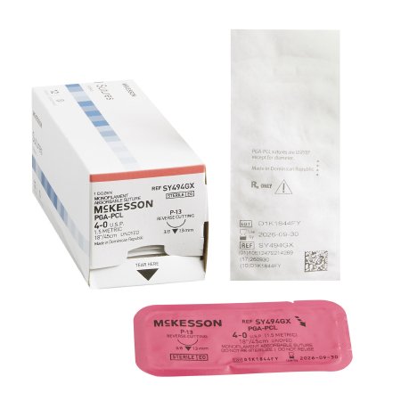 McKesson - Suture with Needle Absorbable Uncoated Undyed Suture Monofilament Polyglycolic Acid / PCL Size 4 - 0 18 Inch Suture 1-Needle 13 mm Length 3/8 Circle Reverse Cutting Needle - SY494GX