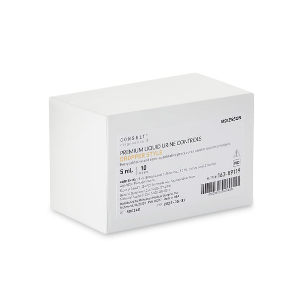 Mckesson Urine Chemistry Control Set  Analyte Testing Positive Level / Negative Level 5 Level 1 (Abnormal) 5 mL Bottles, 5 Level 2 (Normal with hCG) 5 mL Bottles - K-163-89119