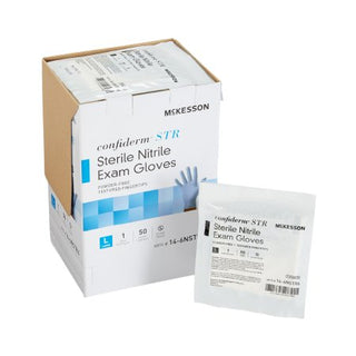 McKesson Confiderm STR - Exam Glove Large Sterile Pair Nitrile Standard Cuff Length Textured Fingertips Blue Not Chemo Approved - 14-6NSTR6