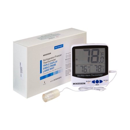 McKesson - Digital Refrigerator / Freezer Thermometer with Alarm Fahrenheit / Celsius -58° to +158°F (-50° to +70°C) Glycol Bottle Probe / Internal Sensor Multiple Mounting Options Battery Operated - MCK895RFV