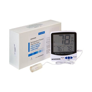 McKesson - Digital Refrigerator / Freezer Thermometer with Alarm Fahrenheit / Celsius -58° to +158°F (-50° to +70°C) Glycol Bottle Probe / Internal Sensor Multiple Mounting Options Battery Operated - MCK895RFV