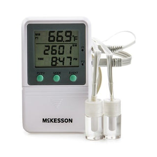 McKesson - Digital Refrigerator / Freezer Thermometer with Alarm Fahrenheit / Celsius -58° to +158°F (-50° to +70°C) 2 Glycol Bottle Probes Multiple Mounting Options Battery Operated - MCK821RFV2
