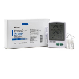McKesson - Datalogging Refrigerator / Freezer Thermometer with Alarm Fahrenheit / Celsius -58° to +158°F (-50° to +70°C) 2 Glycol Bottle Probes / Internal Sensor Flip-out Stand Battery Operated - MCK80022P