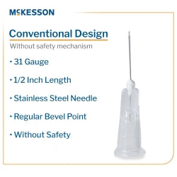 McKesson Hypodermic Needle 1/2 Inch Length 31 Gauge Thin Wall Without Safety - 16-N3105
