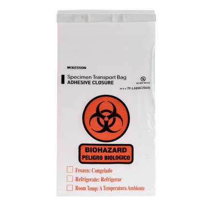 McKesson - Specimen Transport Bag with Document Pouch 6 X 10 Inch Adhesive Closure Biohazard Symbol / Storage Instructions NonSterile - 79-LABAC20610