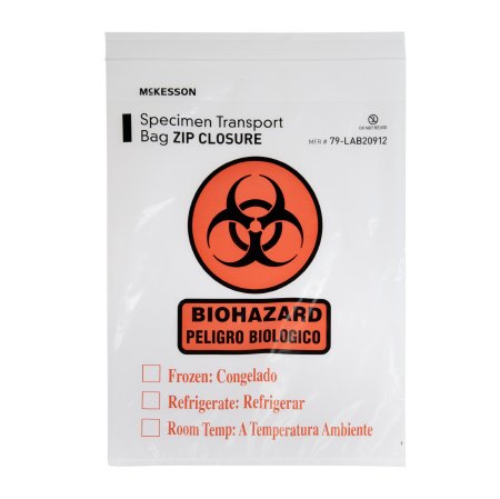 McKesson - Specimen Transport Bag with Document Pouch 9 X 12 Inch Zip Closure Biohazard Symbol / Storage Instructions NonSterile - 79-LAB20912