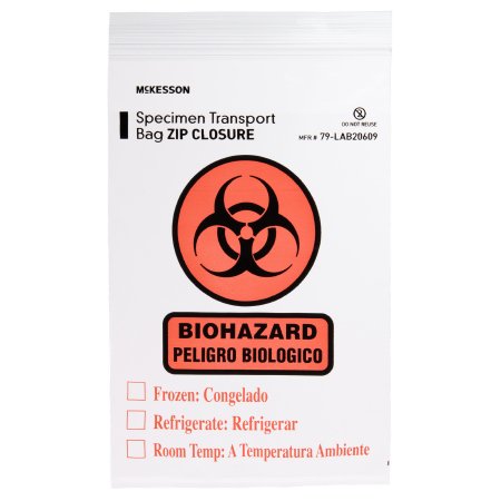 McKesson - Specimen Transport Bag with Document Pouch 6 X 9 Inch Zip Closure Biohazard Symbol / Storage Instructions NonSterile - 79-LAB20609
