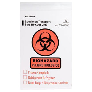 McKesson - Specimen Transport Bag with Document Pouch 6 X 9 Inch Zip Closure Biohazard Symbol / Storage Instructions NonSterile - 79-LAB20609