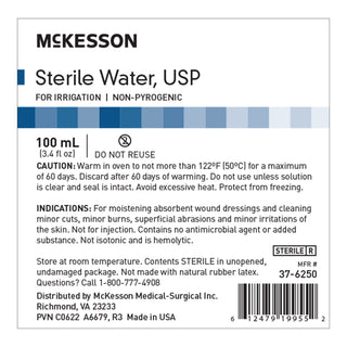 Mckesson Irrigation Solution - OTC Sterile Water for Irrigation Not for Injection Bottle, Screw Top 100 mL - 37-6250