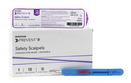 McKesson Prevent B - Safety Scalpel No. 15 Stainless Steel / Plastic Sensory Grip Handle Sterile Disposable - 16-63215