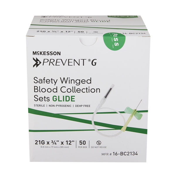 Prevent® G Blood Collection Set 21 Gauge 3/4 Inch Needle Length Safety Needle 12 Inch Tubing Sterile - 16-BC2134