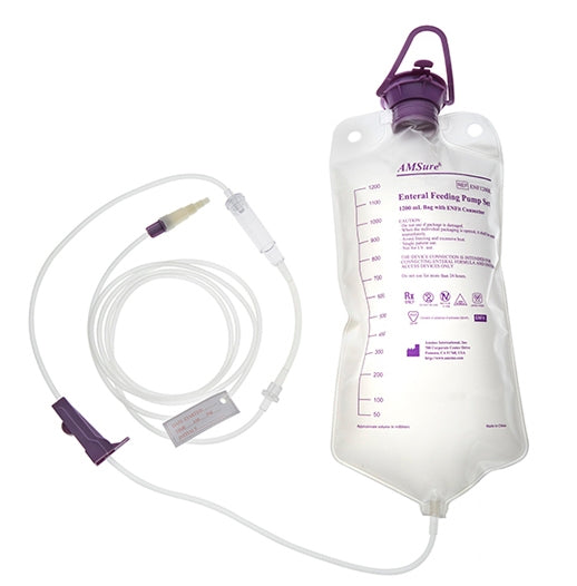 Amsino International Gravity Feeding Bag Set with ENFIT Connector and Transitional Adapter AMSure 1200 mL Bag - Case of 30 - ENF1203KLD