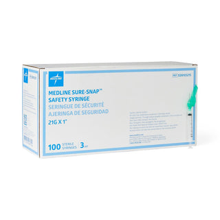 Medline Safety Syringes with Needle - 3 mL Syringe with 21G x 1"  Safety Needle - Box of 100 - SSN103215