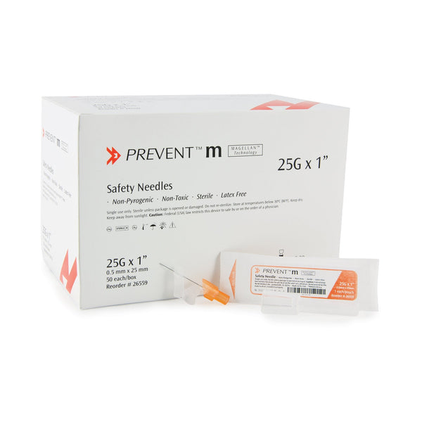 McKesson Safety Hypodermic Needle McKesson Prevent M 1 Inch Length 25 Gauge Regular Wall Sliding Safety Needle - Box of 50 - 26559