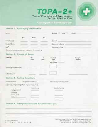 TOPA-2+ Kindergarten Summary Forms (pad of 50) Joseph K. Torgesen, Brian R. Bryant