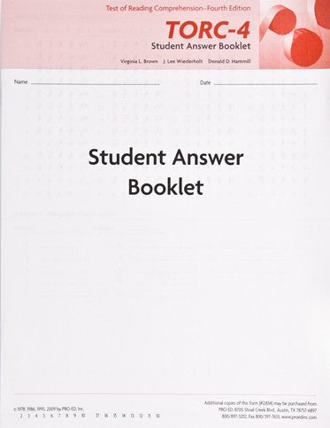 TORC-4 Student Answer Booklet (50) Virginia L. Brown, J. Lee Wiederholt, Donald D. Hammill