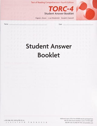 TORC-4 Student Answer Booklet (50) Virginia L. Brown, J. Lee Wiederholt, Donald D. Hammill