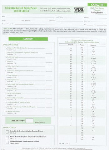 CARS-2 High-Functioning Version Rating Booklet (25) Eric Schopler, Mary E. Van Bourgondien, Glenna Janette Wellman, Steven R. Love