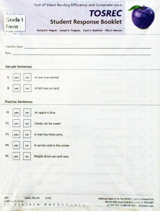 TOSREC Student Response Booklet, Form A (Grade 1) Richard K. Wagner, Joseph K. Torgesen, Carol A. Rashotte, Nils A. Pearson