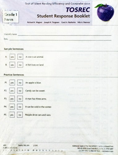 TOSREC Student Response Booklet, Form B (Grade 1) Richard K. Wagner, Joseph K. Torgesen, Carol A. Rashotte, Nils A. Pearson