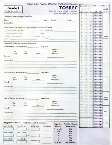 TOSREC Profile Record Form, Grade 1 Richard K. Wagner, Joseph K. Torgesen, Carol A. Rashotte, Nils A. Pearson