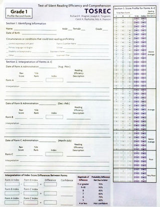 TOSREC Profile Record Form, Grade 1 Richard K. Wagner, Joseph K. Torgesen, Carol A. Rashotte, Nils A. Pearson