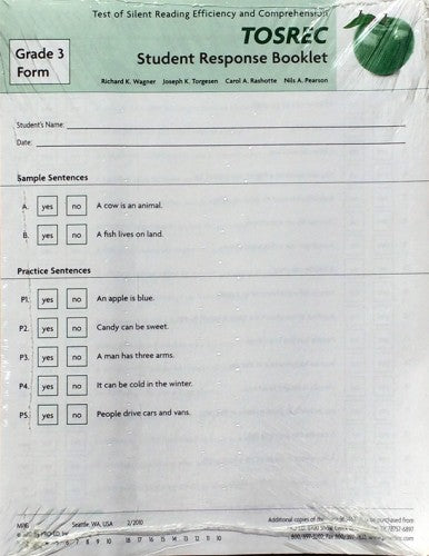 TOSREC Student Response Booklet, Form O (Grade 3) Richard K. Wagner, Joseph K. Torgesen, Carol A. Rashotte, Nils A. Pearson
