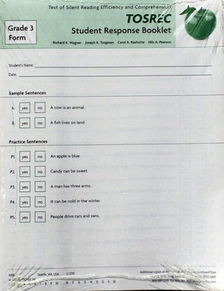 TOSREC Student Response Booklet, Form B (Grade 3) Richard K. Wagner, Joseph K. Torgesen, Carol A. Rashotte, Nils A. Pearson
