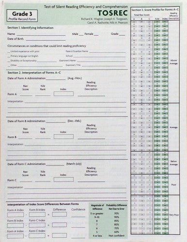 TOSREC Profile Record Form, Grade 3 Richard K. Wagner, Joseph K. Torgesen, Carol A. Rashotte, Nils A. Pearson