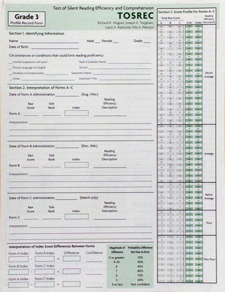 TOSREC Profile Record Form, Grade 3 Richard K. Wagner, Joseph K. Torgesen, Carol A. Rashotte, Nils A. Pearson