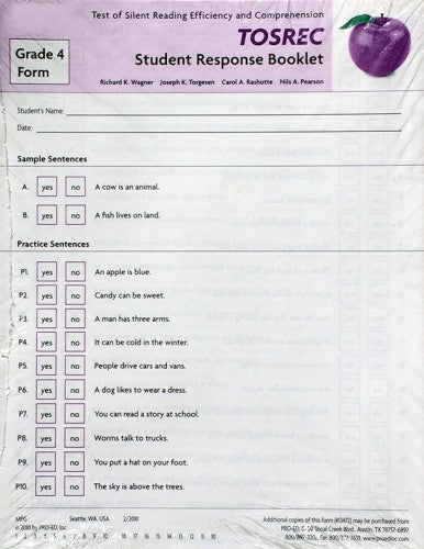 TOSREC Student Response Booklet, Form B (Grade 4) Richard K. Wagner, Joseph K. Torgesen, Carol A. Rashotte, Nils A. Pearson