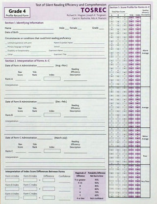 TOSREC Profile Record Form, Grade 4 Richard K. Wagner, Joseph K. Torgesen, Carol A. Rashotte, Nils A. Pearson
