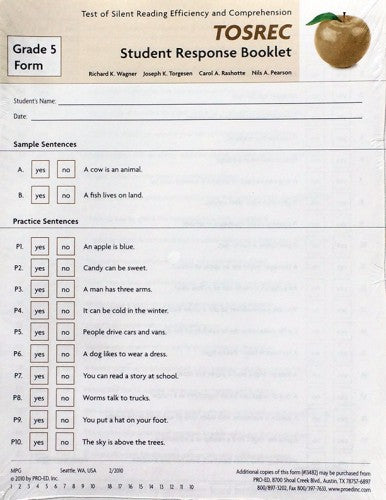 TOSREC Student Response Booklet, Form A (Grade 5) Richard K. Wagner, Joseph K. Torgesen, Carol A. Rashotte, Nils A. Pearson
