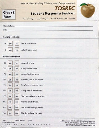 TOSREC Student Response Booklet, Form C (Grade 5) Richard K. Wagner, Joseph K. Torgesen, Carol A. Rashotte, Nils A. Pearson