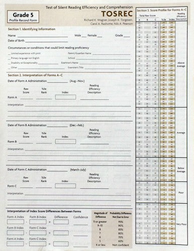 TOSREC Profile Record Form, Grade 5 Richard K. Wagner, Joseph K. Torgesen, Carol A. Rashotte, Nils A. Pearson