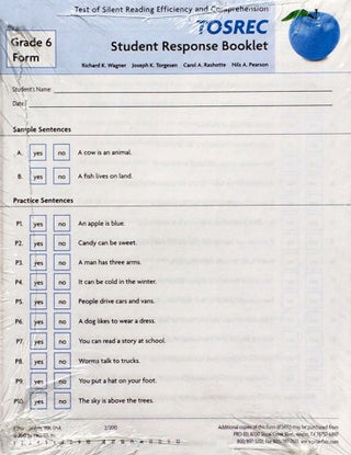 TOSREC Student Response Booklet, Form A (Grade 6) Richard K. Wagner, Joseph K. Torgesen, Carol A. Rashotte, Nils A. Pearson