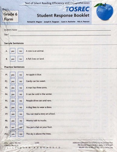 TOSREC Student Response Booklet, Form B (Grade 6) Richard K. Wagner, Joseph K. Torgesen, Carol A. Rashotte, Nils A. Pearson