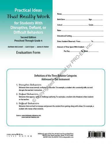 PITRW for Students with Disruptive, Defiant, or Difficult Behaviors (PreK-4) Evaluation Forms (10) Kathleen McConnell, Gail R. Ryser, James R. Patton