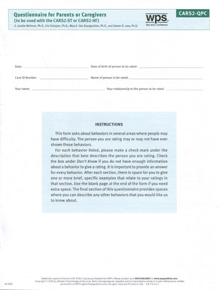 CARS-2 Questionnaires for Parents or Caregivers (25) Eric Schopler, Mary E. Van Bourgondien, Glenna Janette Wellman, Steven R. Love