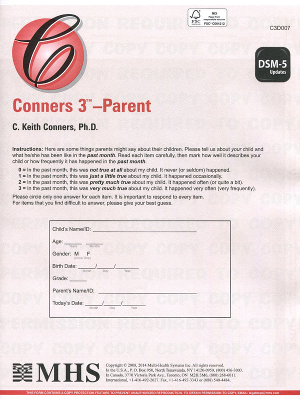 Conners-3 Parent Long QuikScore Forms (25) with DSM-5 Scoring Update C. Keith Conners