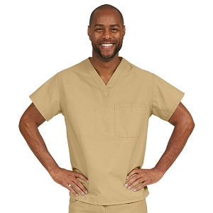 Medline ComfortEase Unisex V-Neck Scrub Top with 1 Pocket - ComfortEase Unisex V-Neck 1-Pocket Scrub Top, Size XS, Khaki - 410JKKXS